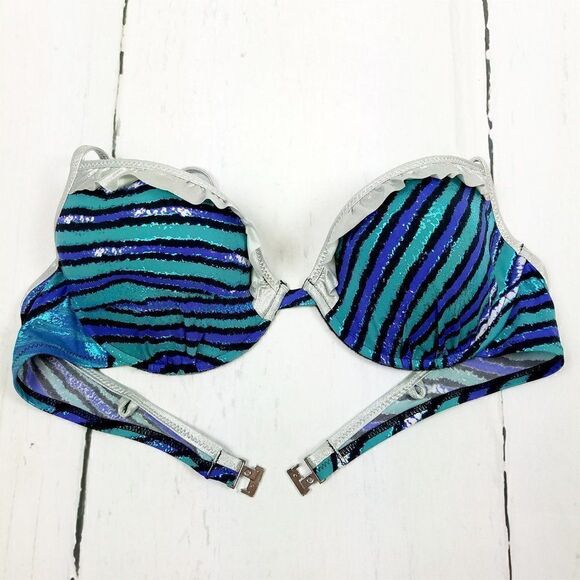 New Just Cavalli Women Stretch Bikini Blue Silver Push-Up Two Piece Swimsuit - Picture 7 of 12